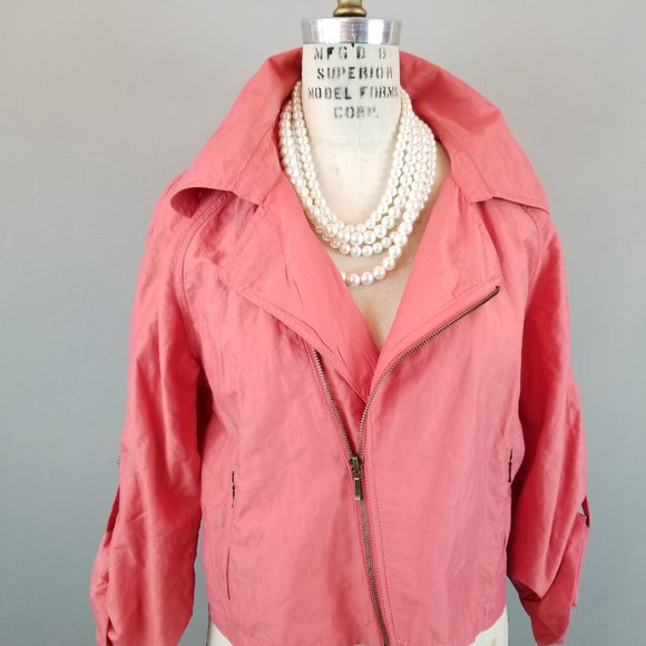 CAbi Women's Size Medium Spring Coral Moto Style Jacket Rolled Sleeves - Picture 3 of 10